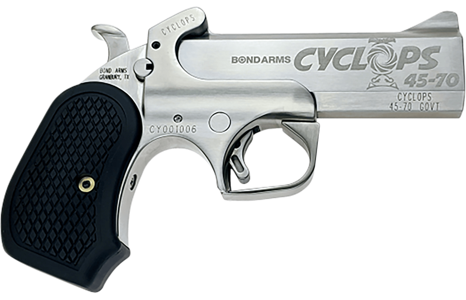 Bond Arms BACYP Cyclops Big Bore 45-70 Gov 1rd, 4.25" Stainless Steel w/Engraved Barrel, Matte Stainless Steel Frame, Black Extended B6 Resin Grip, Includes Holster