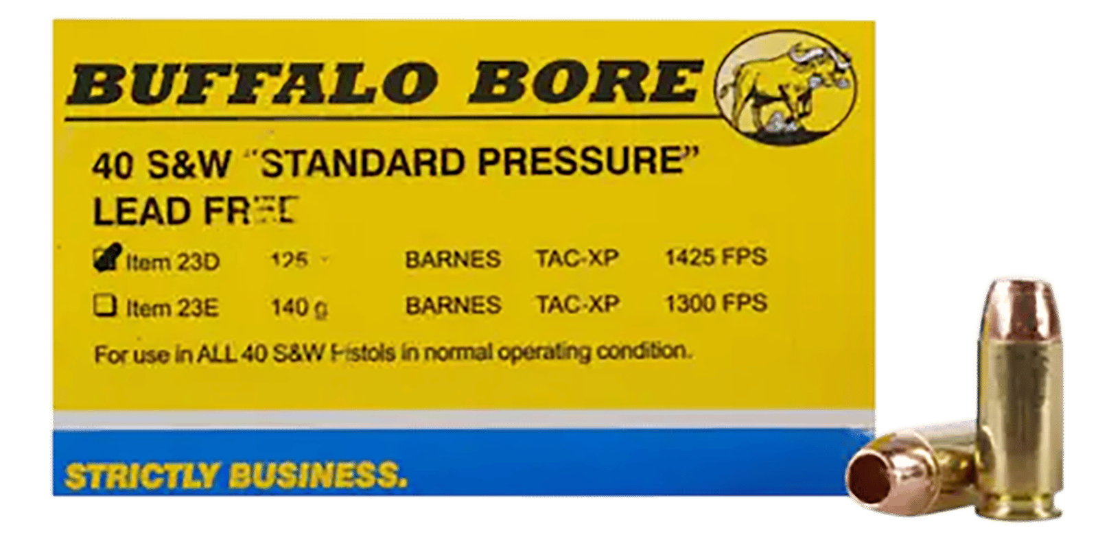 Buffalo Bore Ammunition 23D20 Standard Pressure Strictly Business 40S&W 125gr Barnes TAC-XP Lead Free 20 Per Box/12 Case