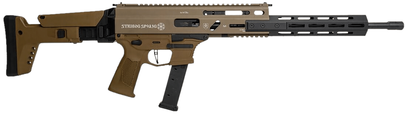 Grand Power 810091156483 Stribog SP9A3G 9mm Luger 16" Black Barrel, Flat Dark Earth Receiver, Polymer Stock & Grip