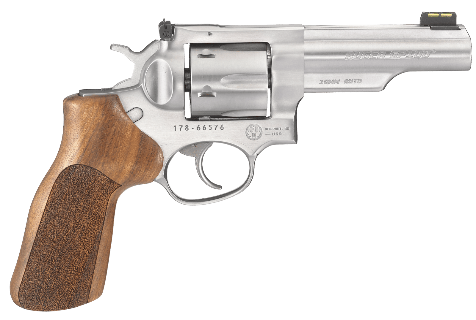 Ruger 1775 GP100 Match Champion 10mm Auto 6rd 4.20" Satin Stainless Half-Lug Barrel, Cylinder & Frame, Hogue Stippled Hardwood Grip, Transfer Bar Safety