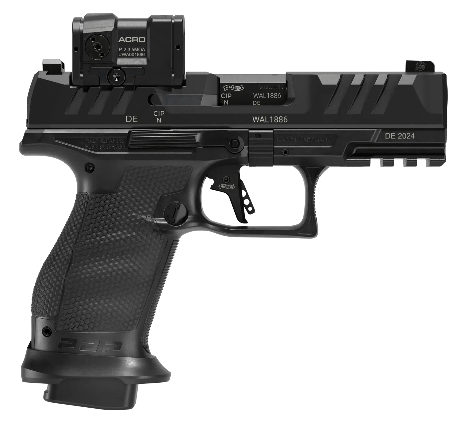 Walther Arms 4797068 PDP Pro ACRO Compact 9mm Luger 10+1 4" Black Polygonal Rifled Barrel, Serrated w/Optic Slide, Black Polymer Frame w/Picatinny Rail, Textured Polymer Grip, Aimpoint Acro P-2 Red Do