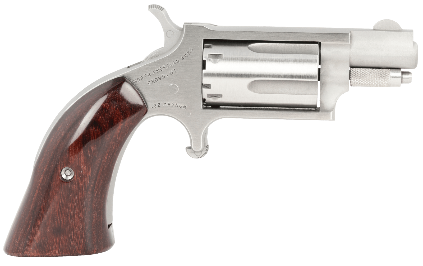 North American Arms 22MSGBG Mini-Revolver  Sports South Exclusive 22 WMR 5 Shot 1.13" Stainless Steel Barrel, Frame & Cylinder, Wood Boot Grip, Exposed Hammer