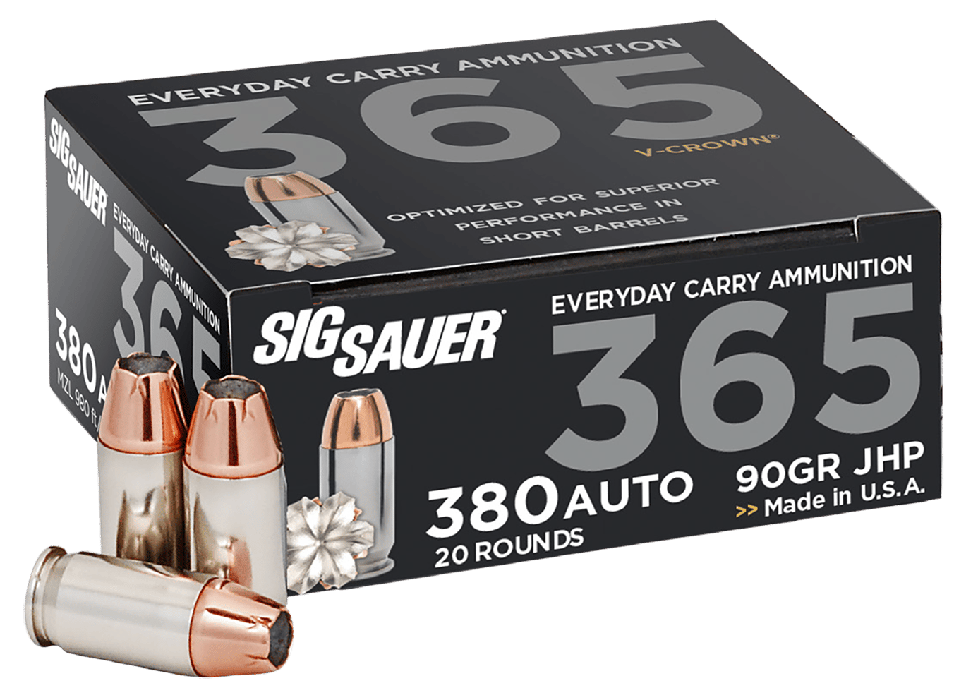 Sig Sauer E380A136520 Elite Performance 365 380ACP 90gr V-Crown Jacketed Hollow Point 20 Per Box/10 Case