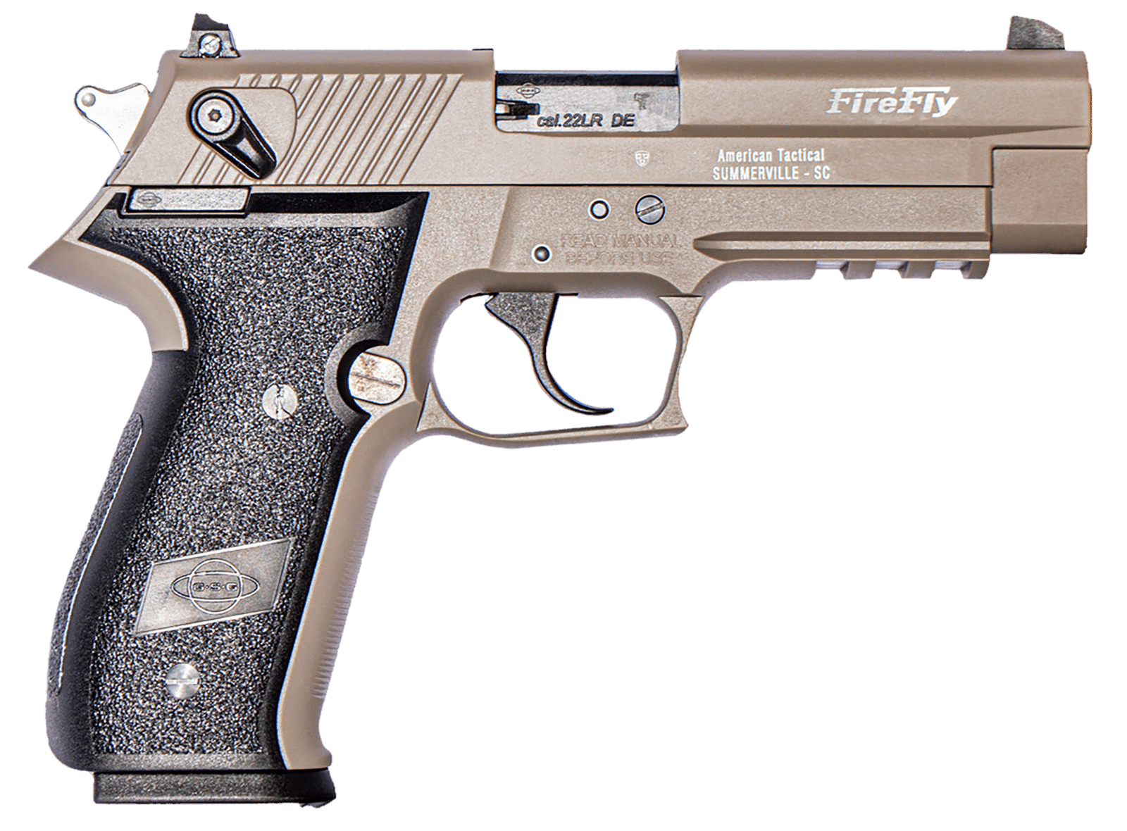 GSG GERG2210FFT FireFly  22 LR 10+1 4" Tan Steel Barrel, Serrated Slide, Zinc Alloy w/Accessory Rail Frame, Black Polymer Grip