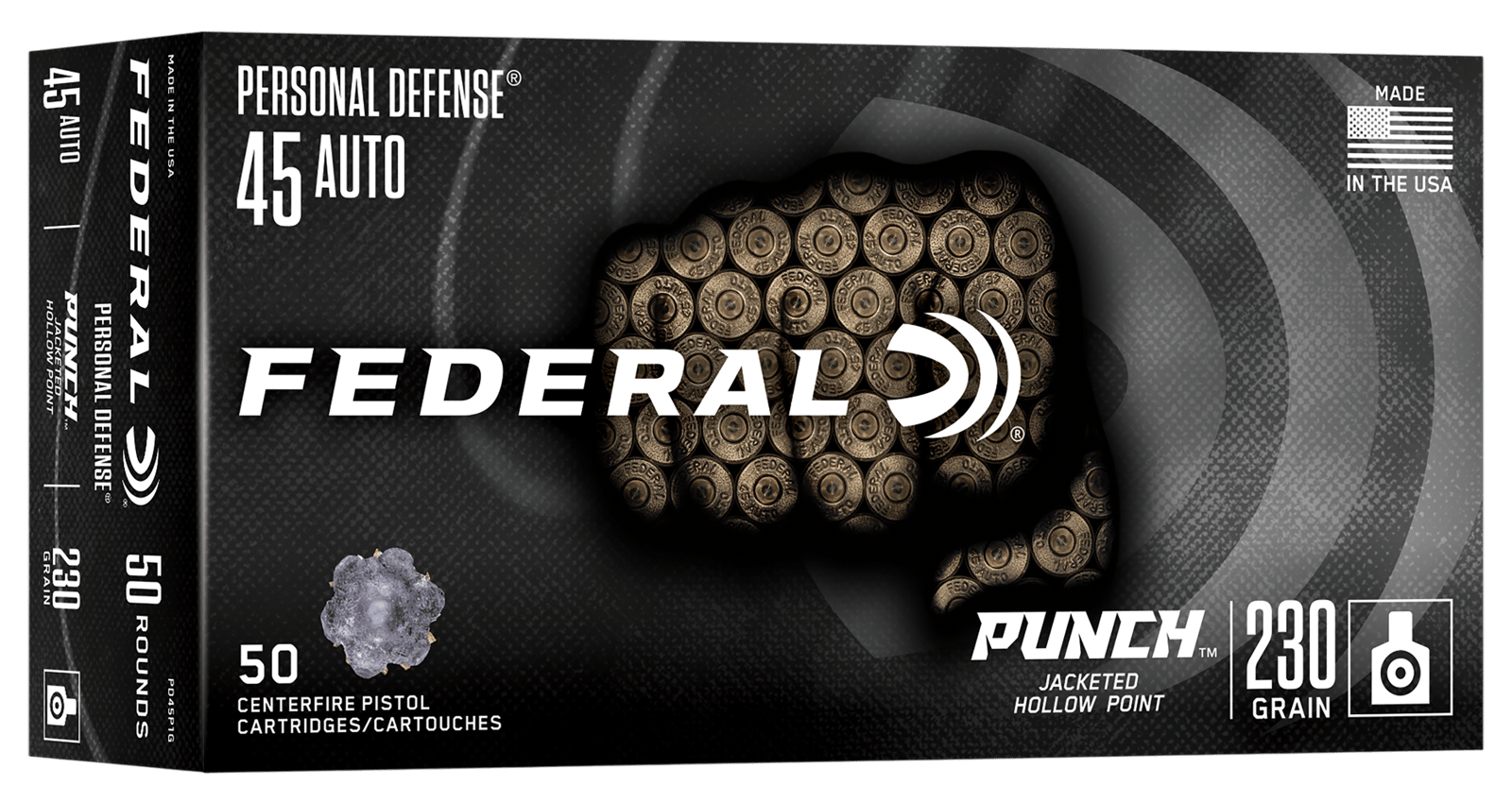 Federal PD45P1G Punch  45Auto 230gr Jacketed Hollow Point 50 Per Box/10 Case