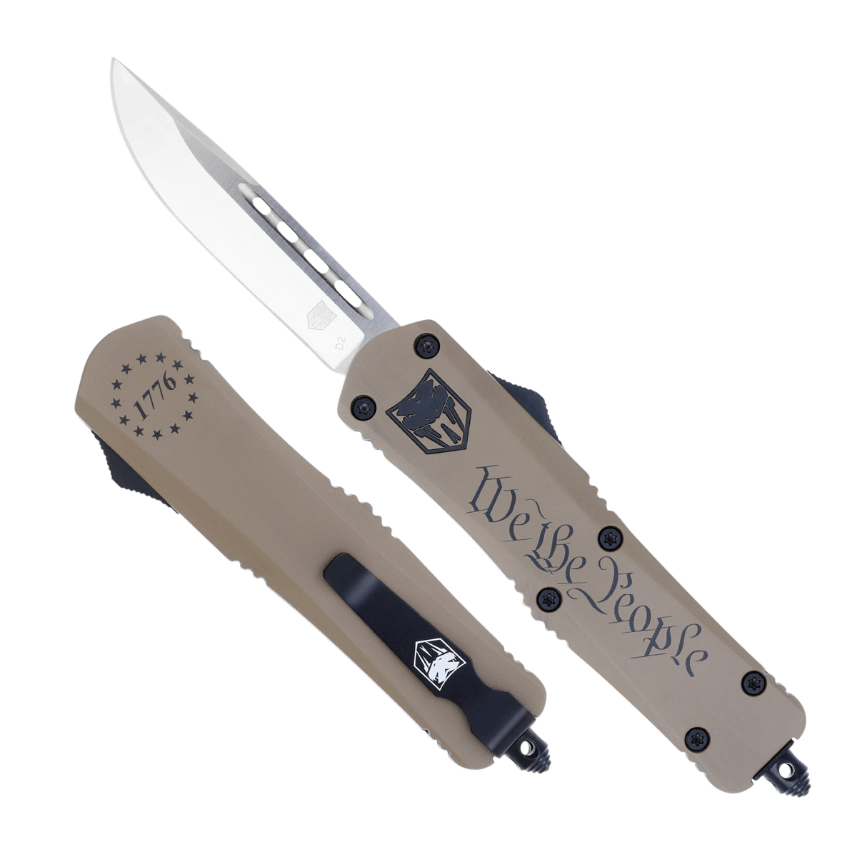 CobraTec Knives MWTPFS3DNS FS-3 We The People Medium 3" OTF Drop Point Plain D2 Steel Blade Tan w/"We The People" Aluminum Cerakoted Handle Features Glass Breaker Includes Pocket Clip