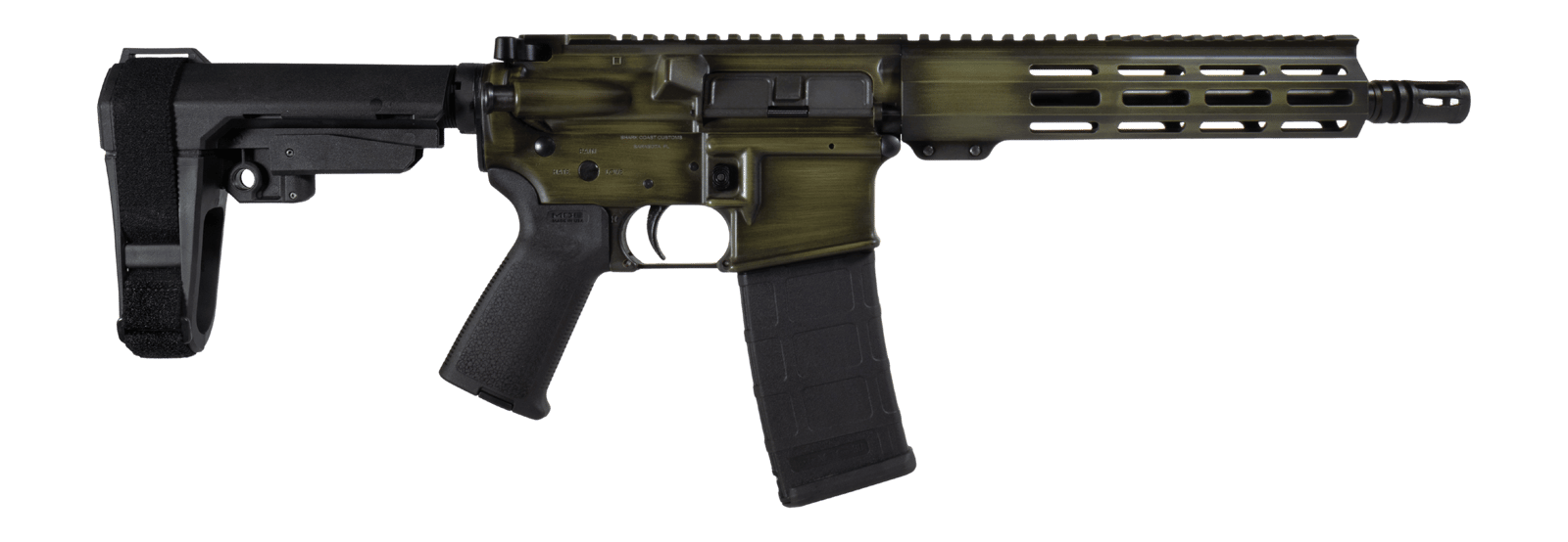 Shark Coast Tactical SCC07183GRNBW-P Distressed 5.56 NATO 30+1 10.50" Black Nitride Threaded Barrel, Aluminum Receiver w/Picatinny Rail, M-LOK Handguard, Polymer SB Tactical SBA3 Brace, Magpul MOE Gri