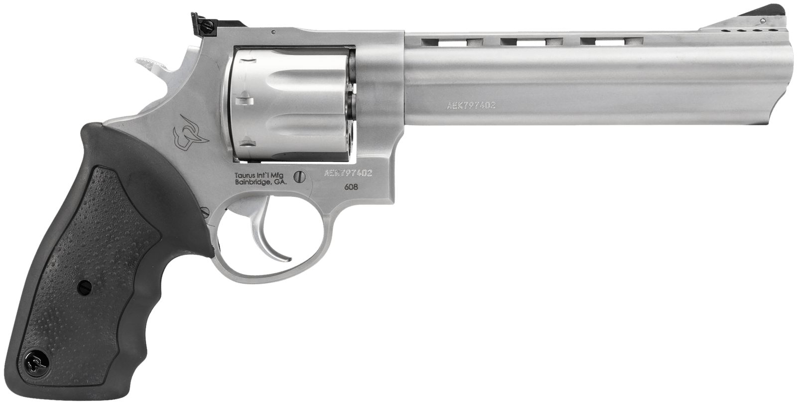 Taurus 2-608069 608  Large 357 Mag/38 Special +P 8 Shot 6.50" Matte Stainless Steel Ported Barrel, Cylinder & Frame, Black Finger Grooved Rubber Grip, Transfer Bar Safety, Exposed Hammer