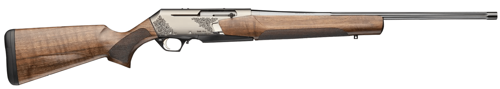 Browning 039009229 BAR MK4 Medallion 300 Win Mag 3+1 24" Polished Blued Fluted Barrel, Satin Nickel Engraved Aluminum Alloy Drilled & Tapped Receiver, Grade III Turkish Walnut Adj Shim Stock