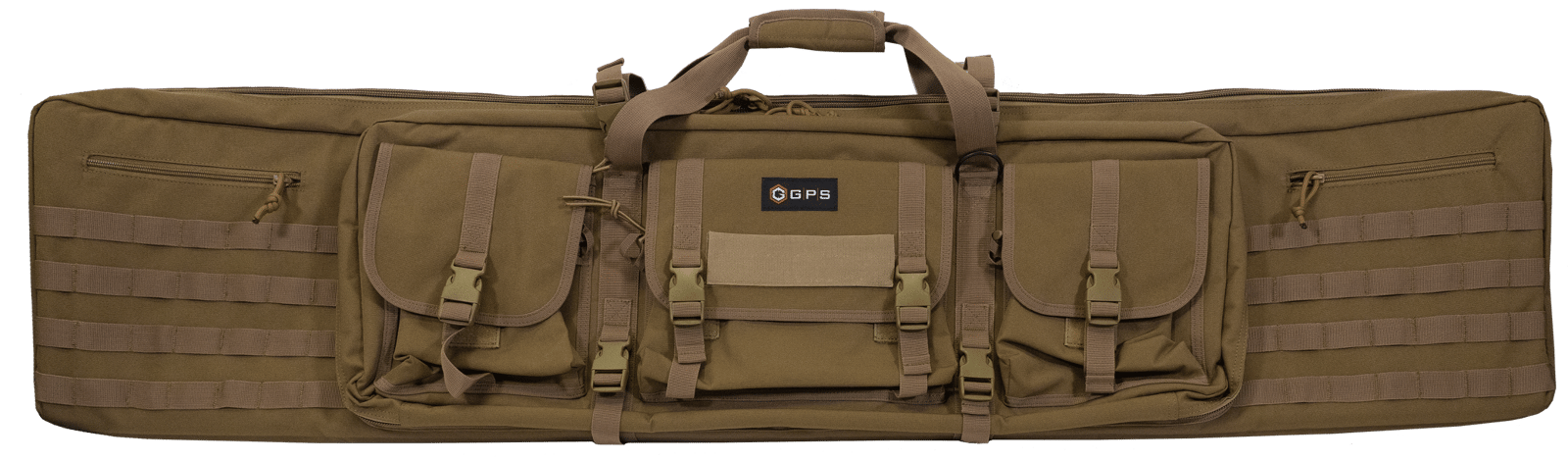 GPS Bags DRC55FDE Double Rifle Case Flat Dark Earth 600D Polyester w/ 2 Padded Pistol Sleeves MOLLE Webbing & Lockable Zippers