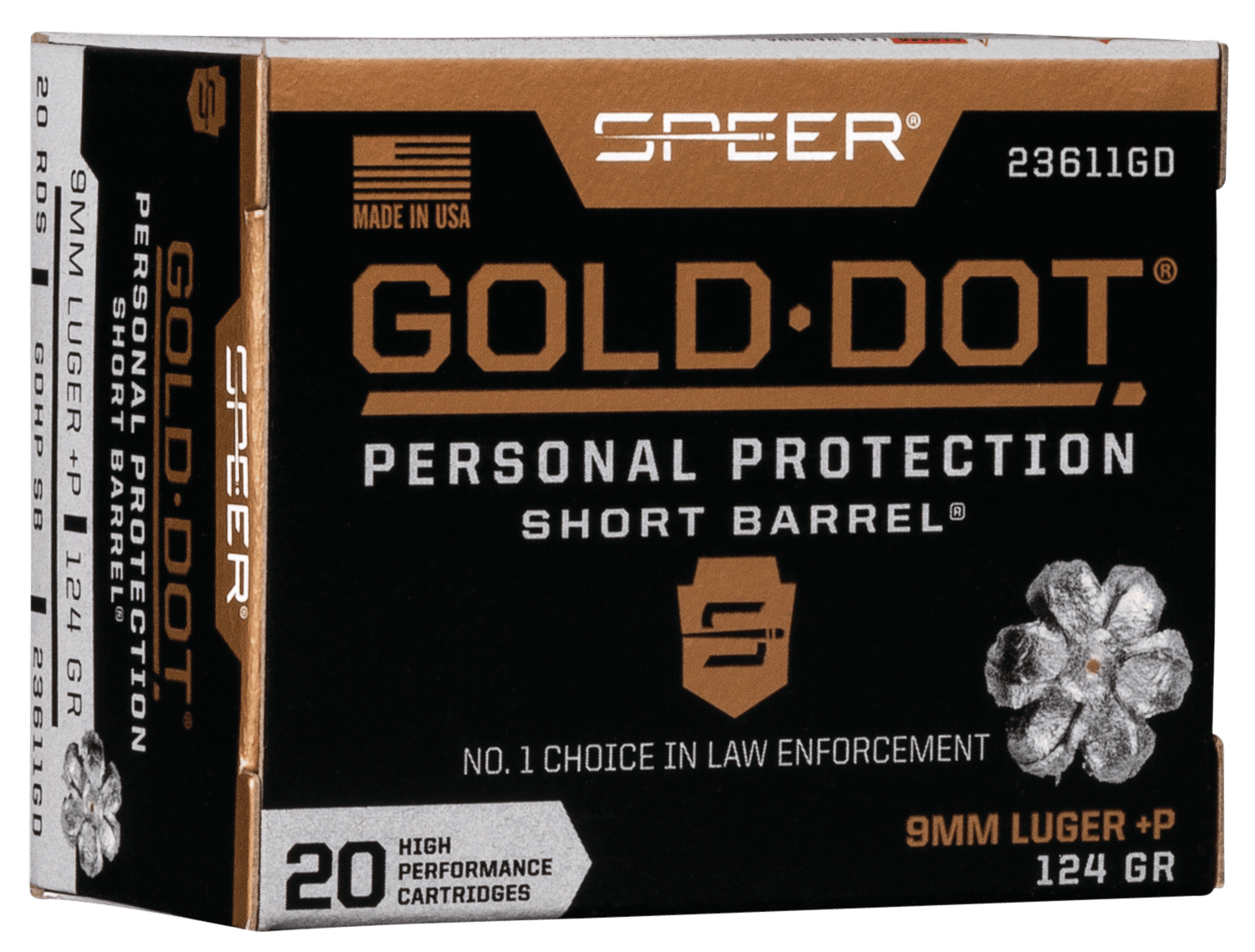 Speer 23611GD Gold Dot Personal Protection Short Barrel 9mmLuger+P 124gr Hollow Point 20 Per Box/10 Case