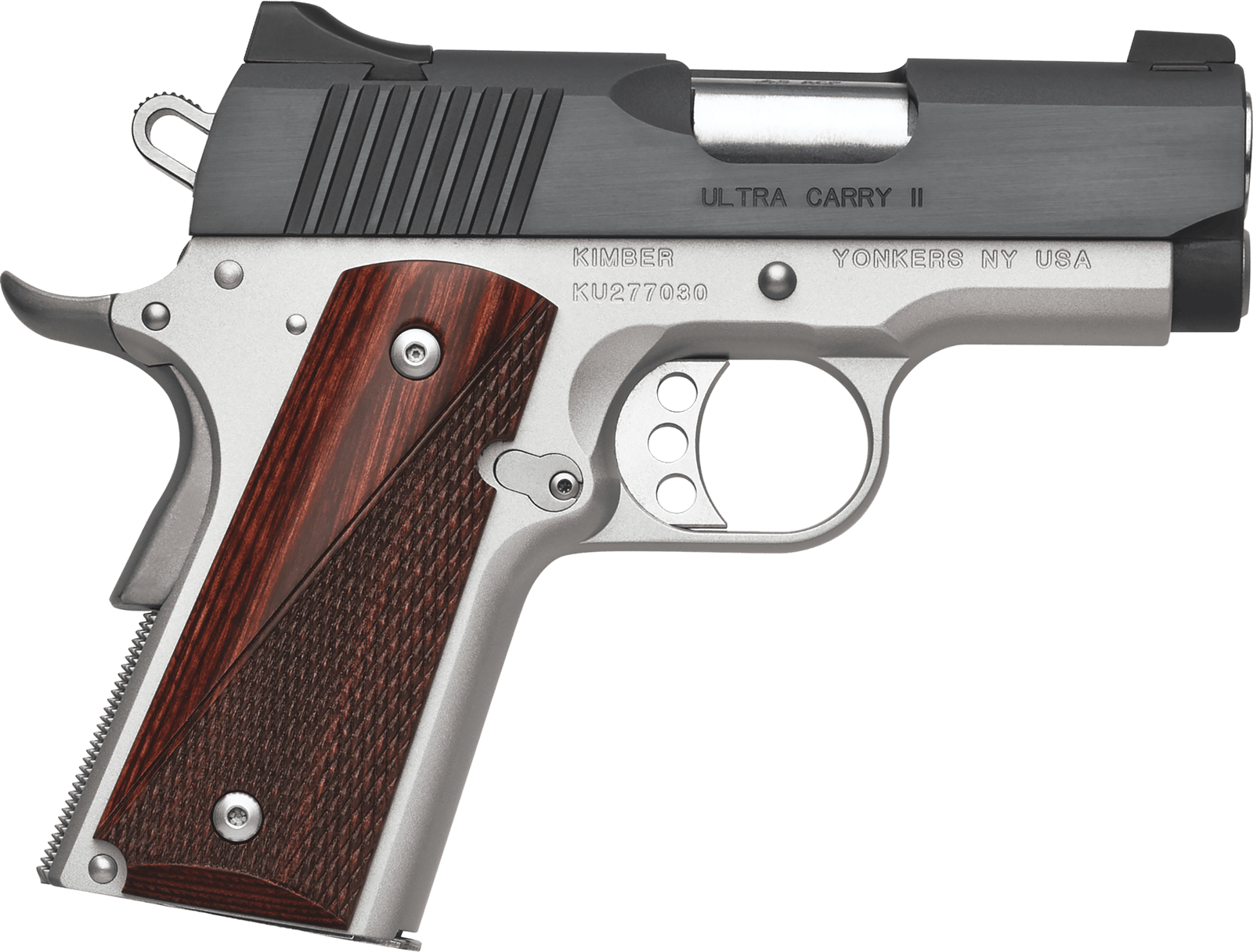 Kimber Mfg, Inc 3200321 Ultra Carry II  45 ACP 7+1 3" Stainless Match Grade Barrel, Matte Black Brushed Serrated Steel Slide, Satin Silver Aluminum Frame w/Beavertail, Rosewood Grip