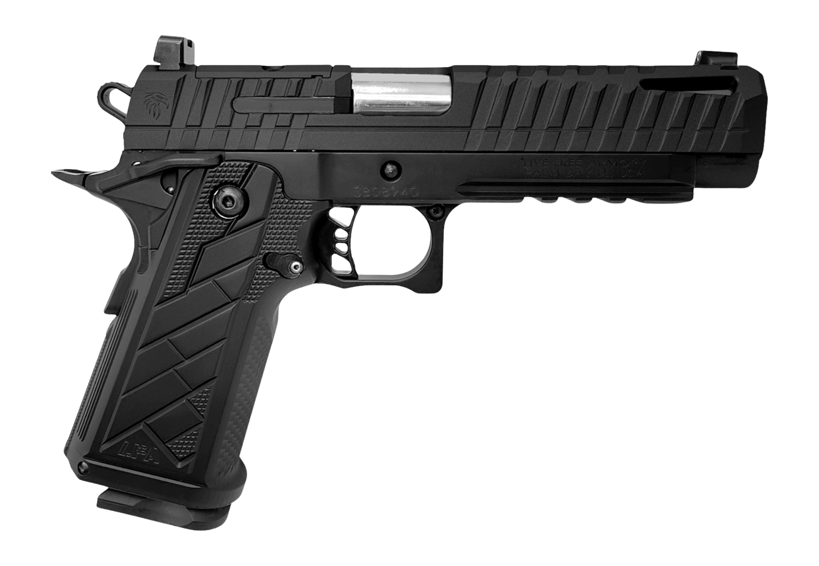 Live Free Armory HG8640-N Apollo 11 V2 Full Size Frame 9mm Luger 18+1 4.90" Stainless Barrel, Black Cerakote Steel Optic Cut/Serrated Slide, Black Cerakote Steel Frame w/Beavertail & Picatinny Rail, B
