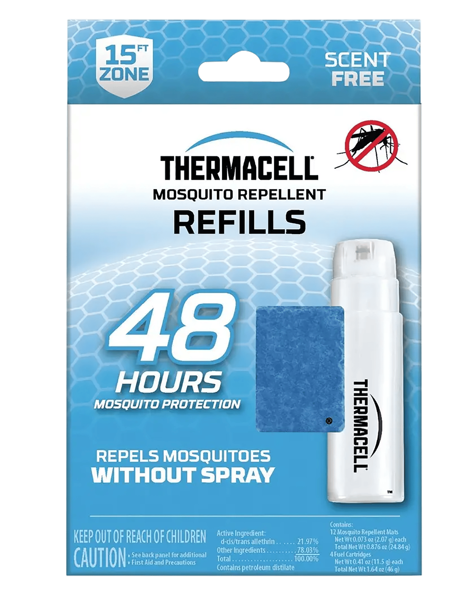 Thermacell R4 Repellent Refill  Effective 15 ft Odorless Scent Mat/Fuel Cartridges Repels Mosquito Effective Up to 48 hrs 4 Fuel Cartridges/12 Mats
