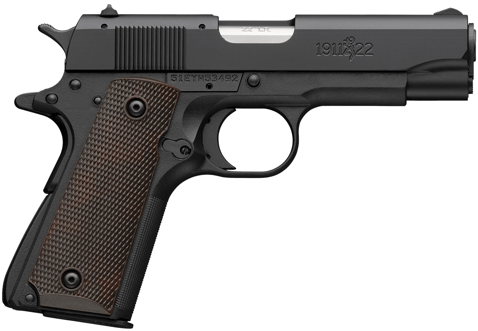 Browning 051064490 1911 A1 Compact Frame 22 LR 10+1 3.63" Stainless Steel Barrel, Matte Black Serrated Slide, Matte Black Polymer Frame, Brown Composite Grip