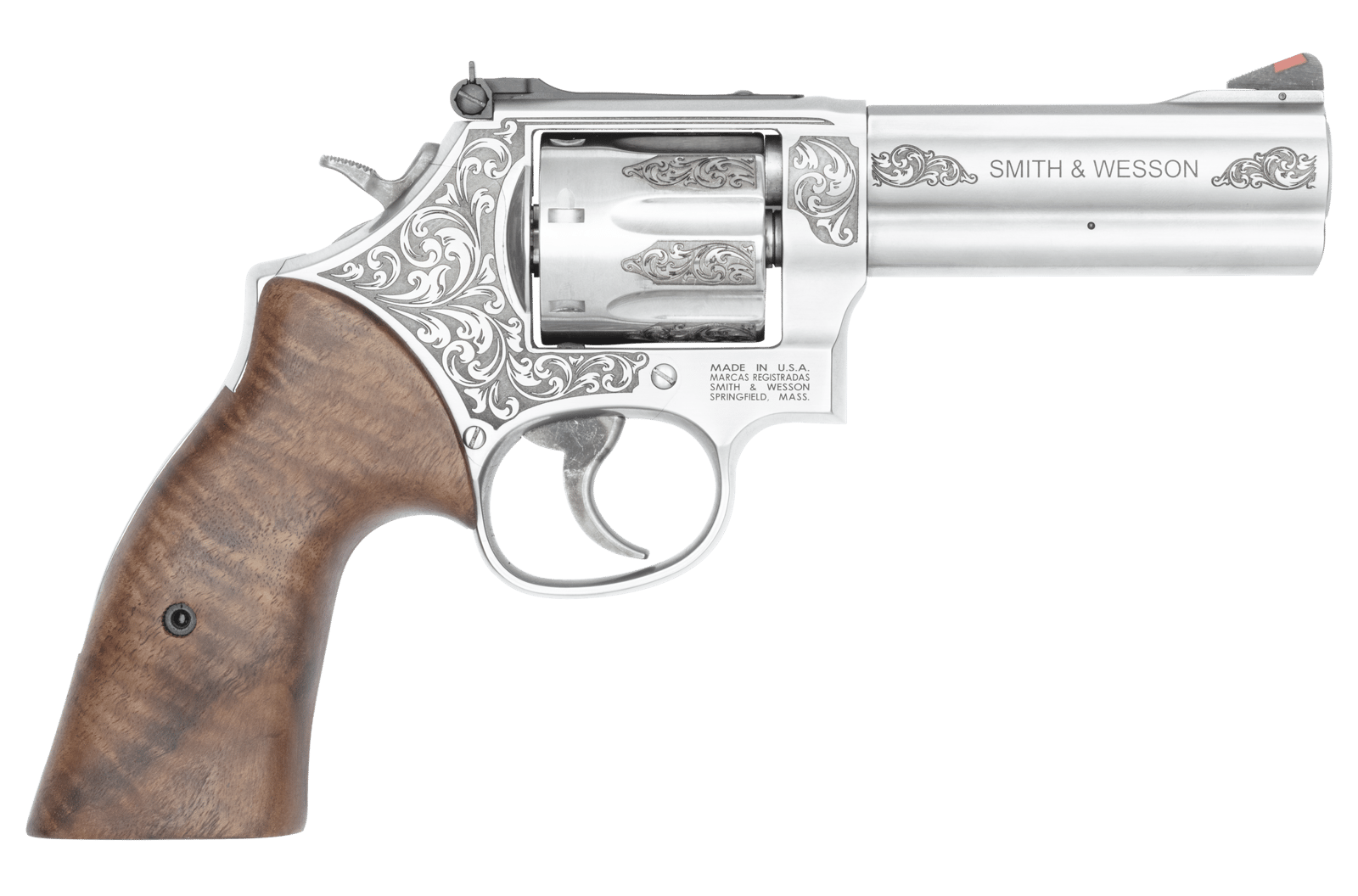 Smith & Wesson 14783 Model 686 +  L-Frame Medium 357 Mag/38 Special +P 7 Shot 4.13" Stainless Steel Engraved Barrel, Cylinder & Frame, Tyler Gun Works Bear Hugger Walnut Grip, Exposed Hammer