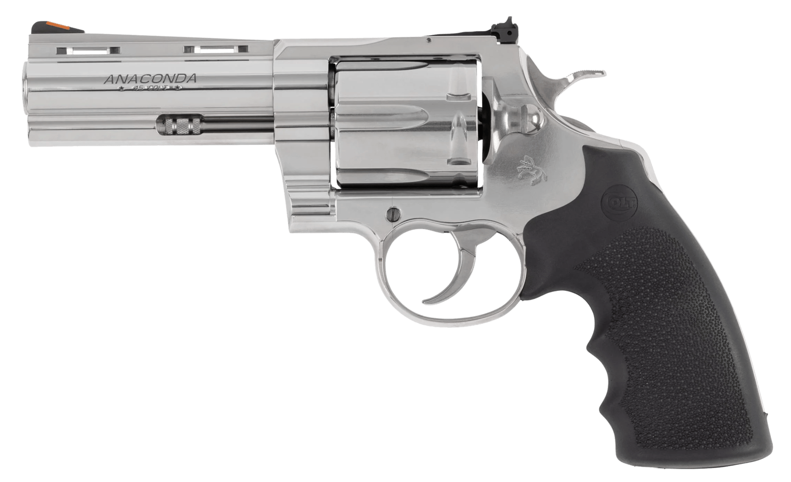 Colt Mfg ANACONDASP4RTS45C Anaconda  45 Colt (Long Colt) 6rd Shot 4.25" Stainless Vent Rib Barrel, Cylinder & Frame, Black Grip