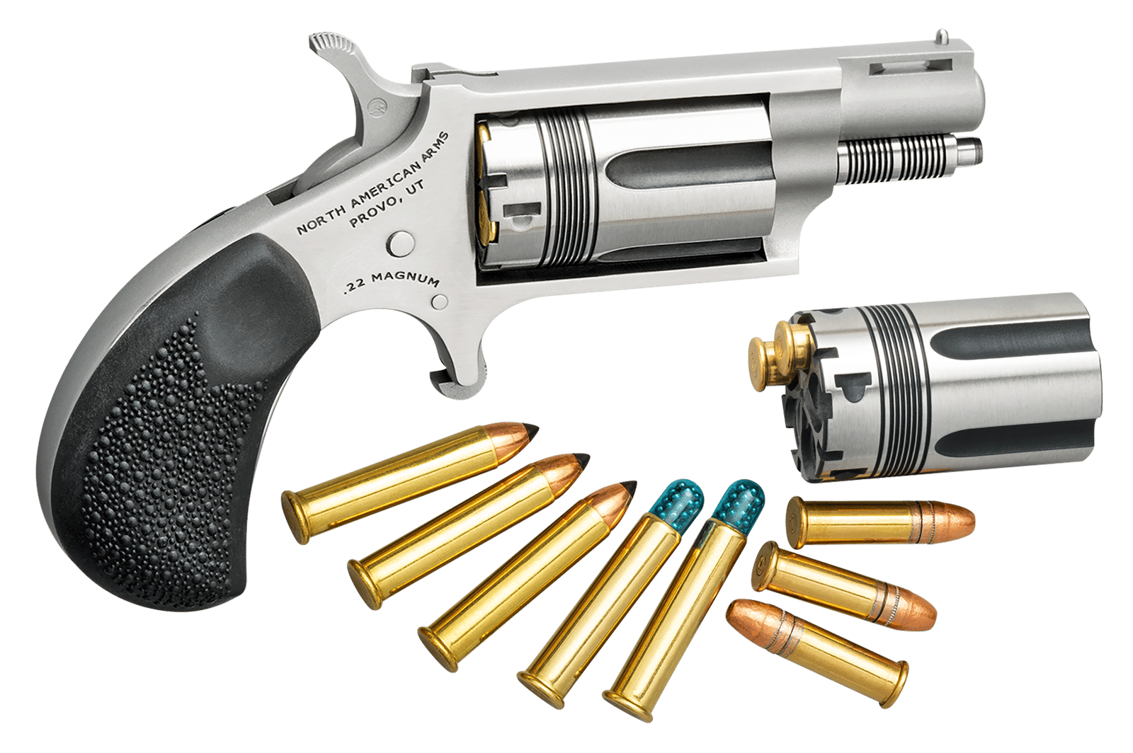 North American Arms 22MCTW Wasp Combo 22 LR/22 WMR 5 Shot 1.63" Stainless Steel Vent Rib Barrel, Stainless Steel Frame & Cylinder, Black Pebbled Rubber Grip, Exposed Hammer