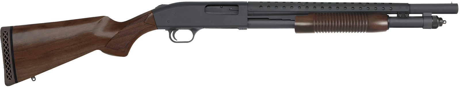 Mossberg 52151 590 Retrograde 12 Gauge Pump 3" 6+1 18.50" Matte Blued Heat Shield Barrel, Matte Blued Stainless Steel Drilled & Tapped Receiver, Walnut Fixed  Stock, Cylinder Bore Choke
