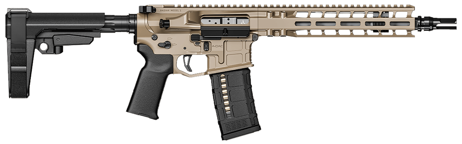 Radian Weapons R0514 Model 1 Pistol 223 Wylde 30+1 10.50", FDE Billet Rec/M-Lok Handguard, Smooth Buffer Tube (No Brace), Magpul Grip, Ambi Controls, Dead Air QD Flash Hider, Adj. Trigger