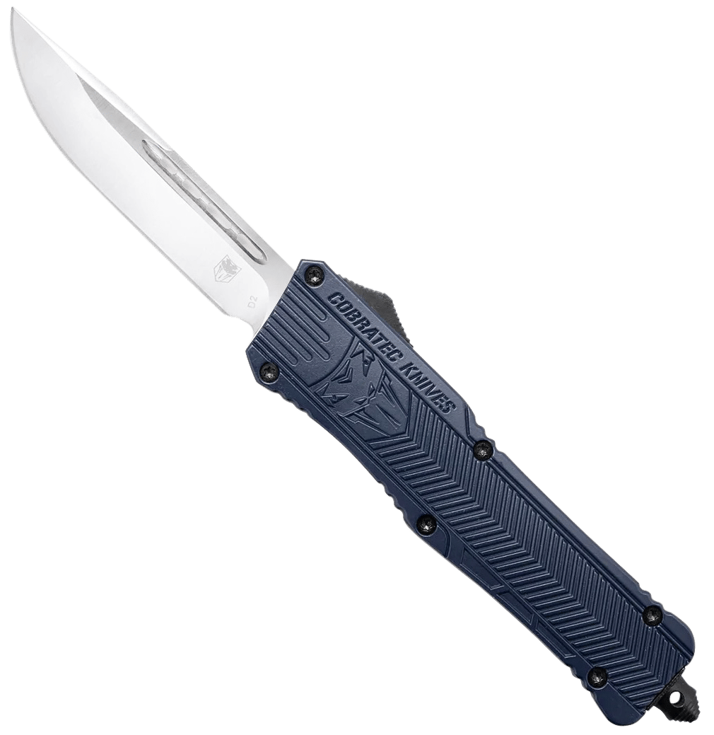 CobraTec Knives LNYCCTK1LDNS CTK-1  Large 3.75" OTF Drop Point Plain D2 Steel Blade/NYPD Blue Aluminum Handle Features Glass Breaker Includes Pocket Clip