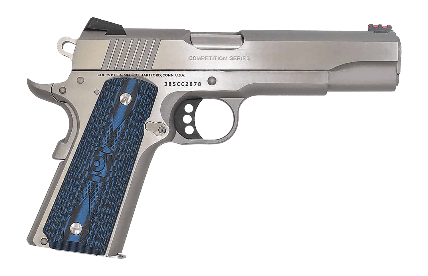 Colt Mfg O1073CCP Competition  38 Super 9+1 5" National Match Barrel, Stainless Steel Serrated Slide, Stainless Steel Frame w/Beavertail, Competition Blue G10 Grip