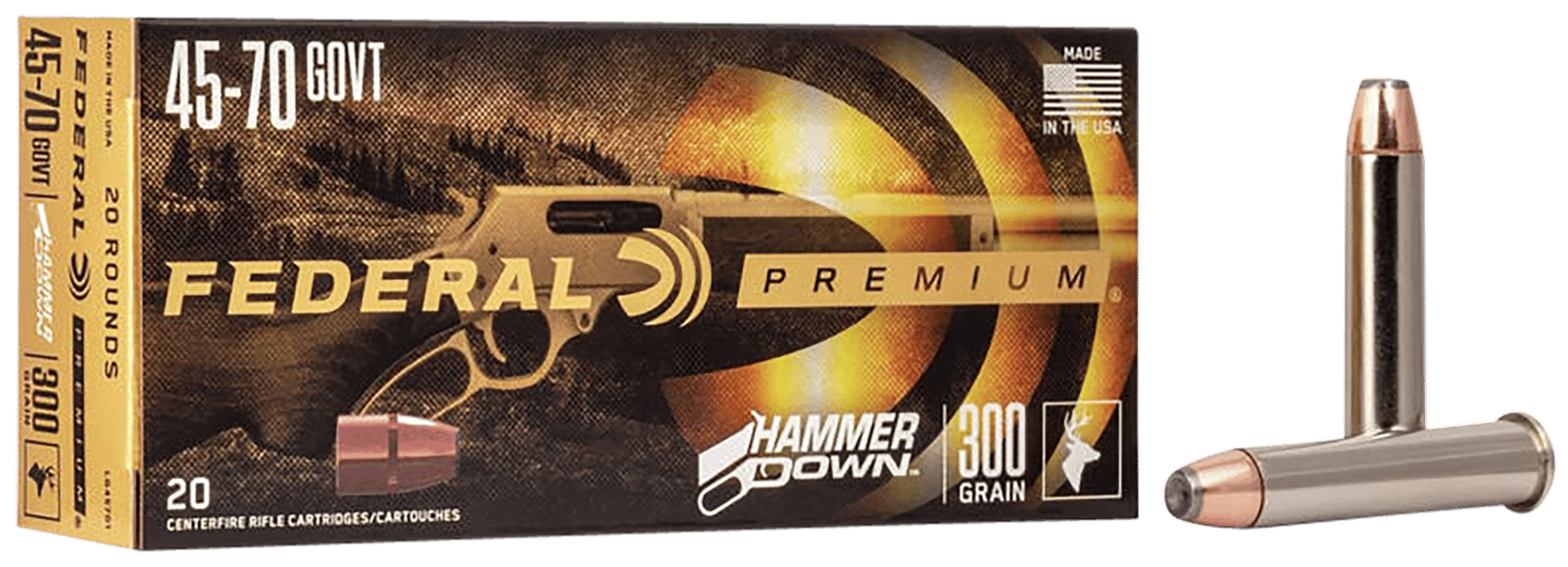 Federal LG45701 Premium HammerDown 45-70Gov 300gr Bonded Soft Point 20 Per Box/10 Case