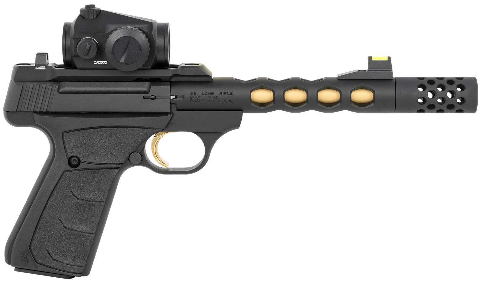 Browning 051582490 Buck Mark Vision SR 22 LR 10+1 5.90" Black Anodized/Gold Cerakote Ported Threaded Barrel, Matte Black Serrated Slide & Aluminum Frame,  Vortex Crossfire Red Dot