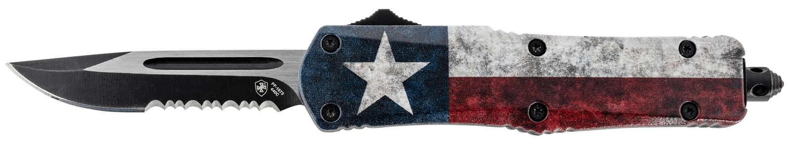 Templar Knife SCAP631 Gen II Captain Small 2.69" OTF Drop Point Part Serrated Black Oxide Stonewashed 440C SS Blade, 4.31" Red/White/Blue w/Star Aluminum Handle Glass Breaker