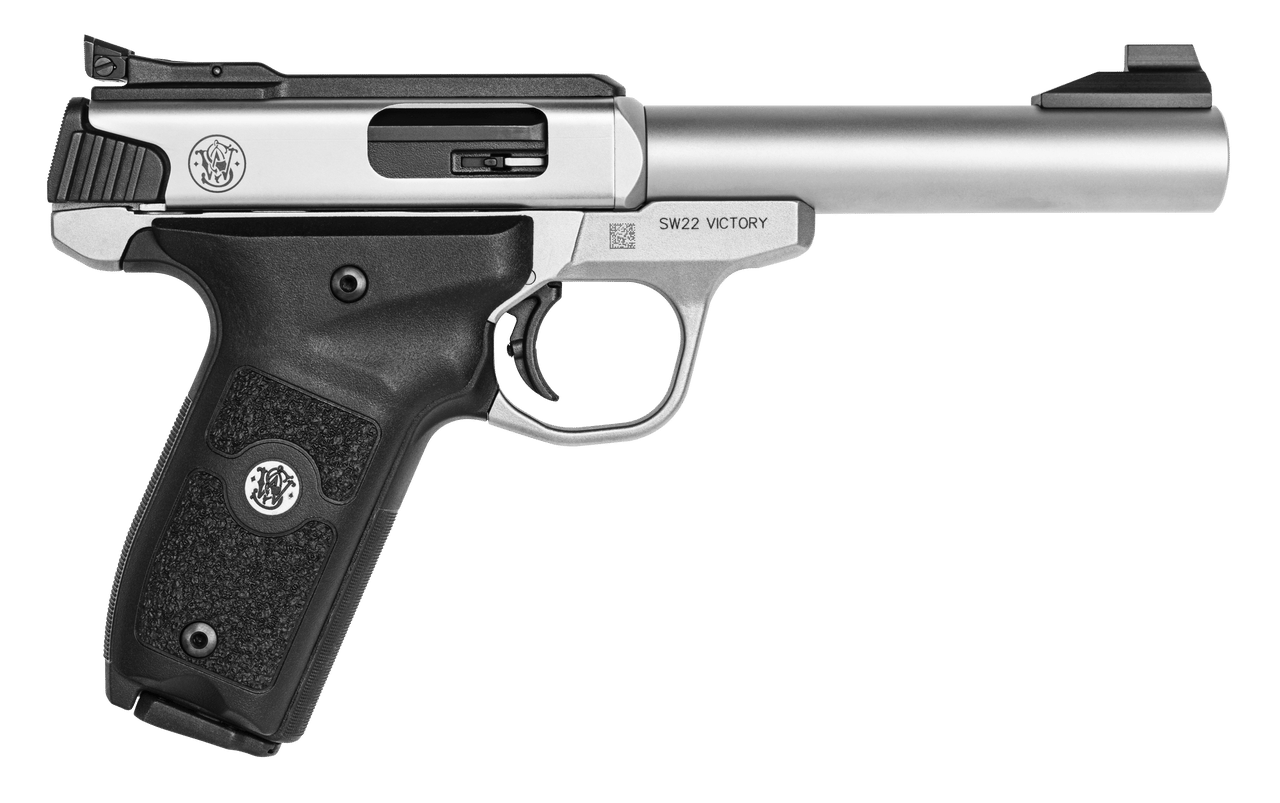 Smith & Wesson 11536 SW Victory Target *MA Compliant 22 LR  5.50" Bull Barrel 10+1,   Stainless Steel Barrel, Slide, &  Frame, Black Polymer Grip with Integrated Target Thumb Rest, Manual Safety