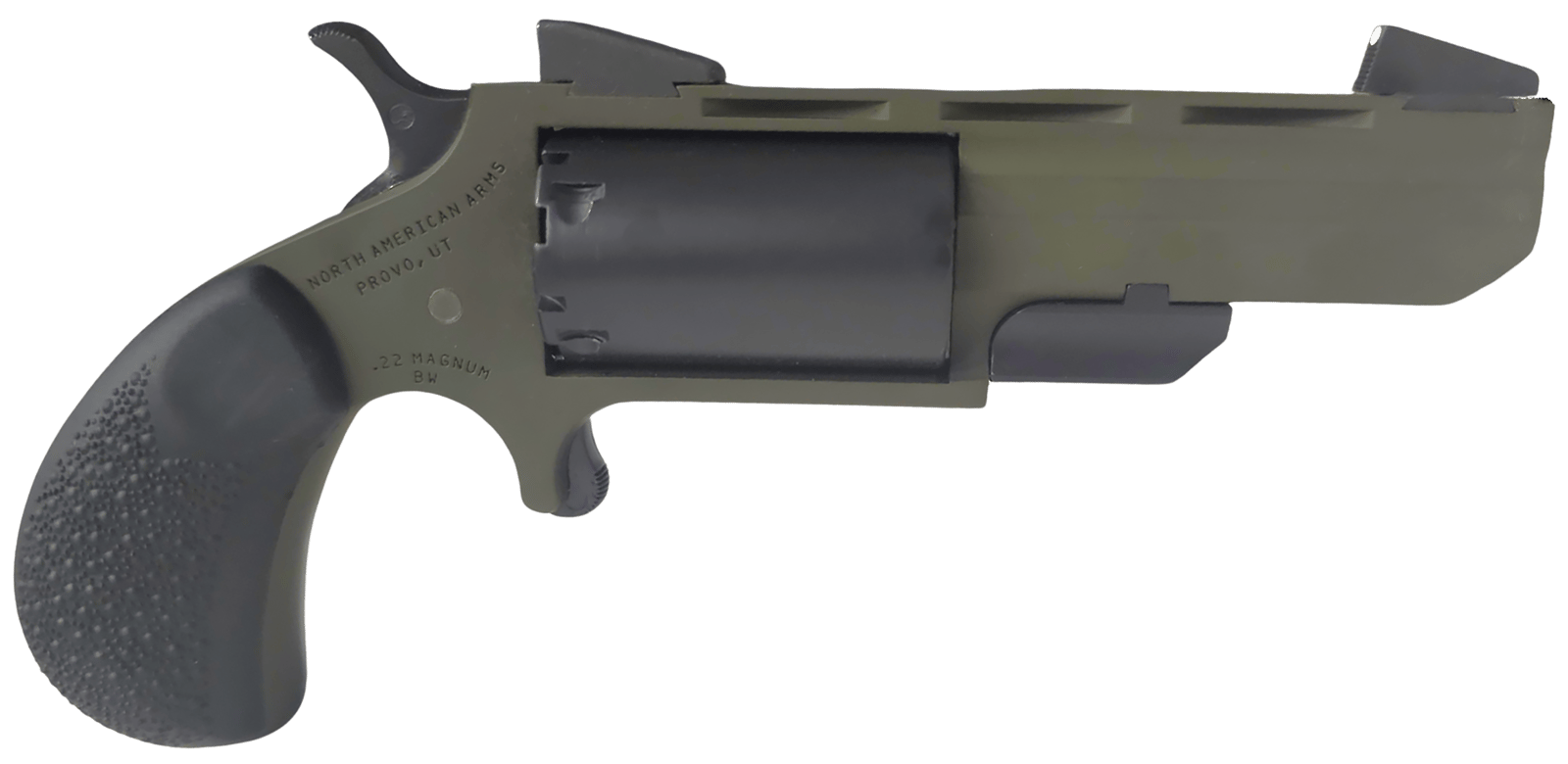 North American Arms TGHMB Green Huntsman  22 WMR 5 Shot 2" OD Green Cerakote Heavy Vent Rib Barrel, OD Green Cerakote Steel Frame, Matte Black Cylinder, Black Cobblestone Rubber Grip, Exposed Hammer