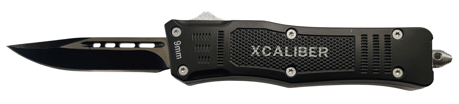 Xcaliber Knife Company  9mm  Small 2.75" OTF Drop Point Black 440C SS Blade, 3.91" Steel Handle