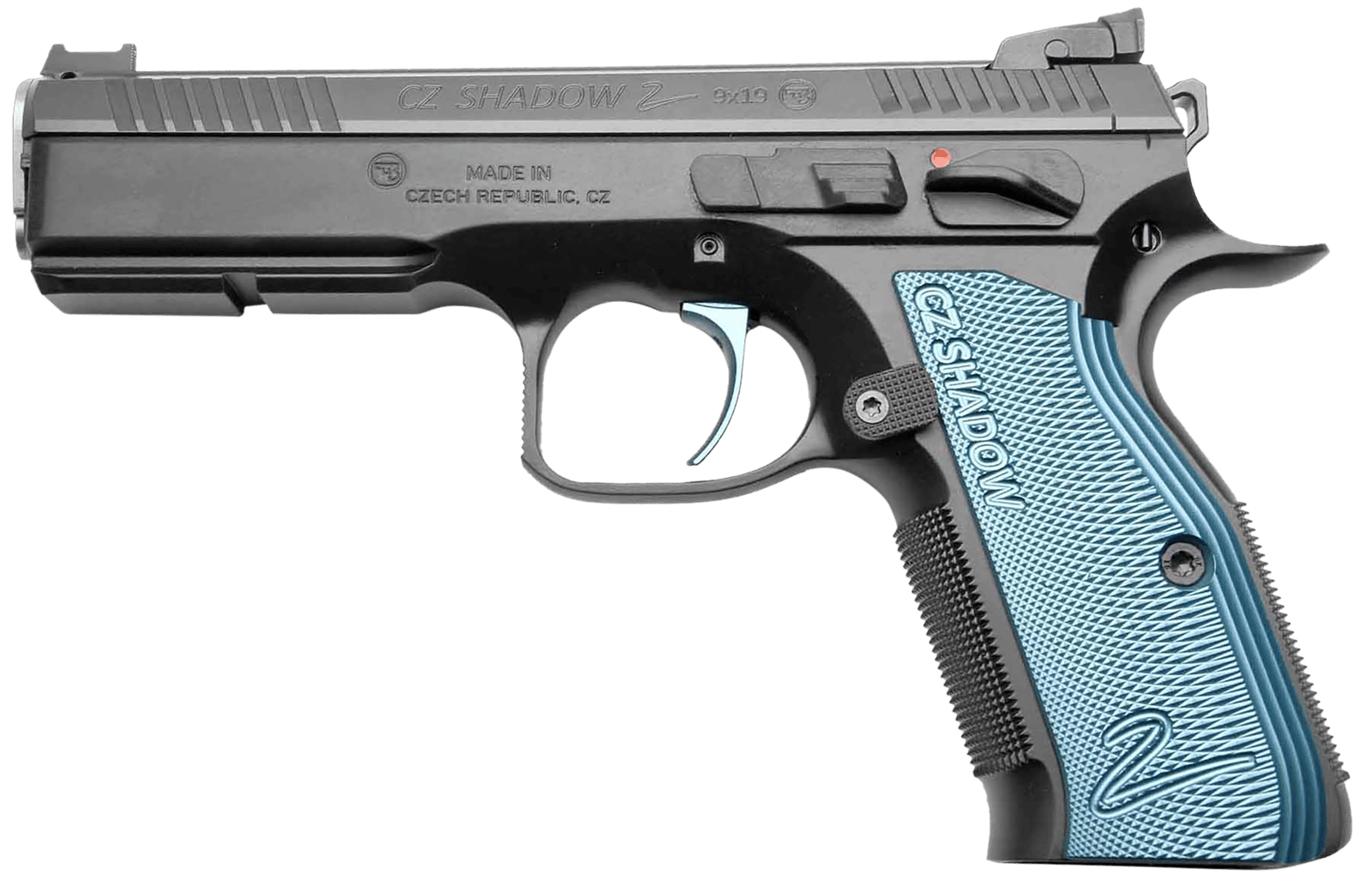 Cz Custom Shop 91039 Shadow 2  Full Size Frame 9mm Luger 17+1 4.89" Black ACCU Bushing Barrel, Black Serrated Steel Slide, Black Polycoat Steel Frame w/Beavertail, Black Checkered Aluminum Grip