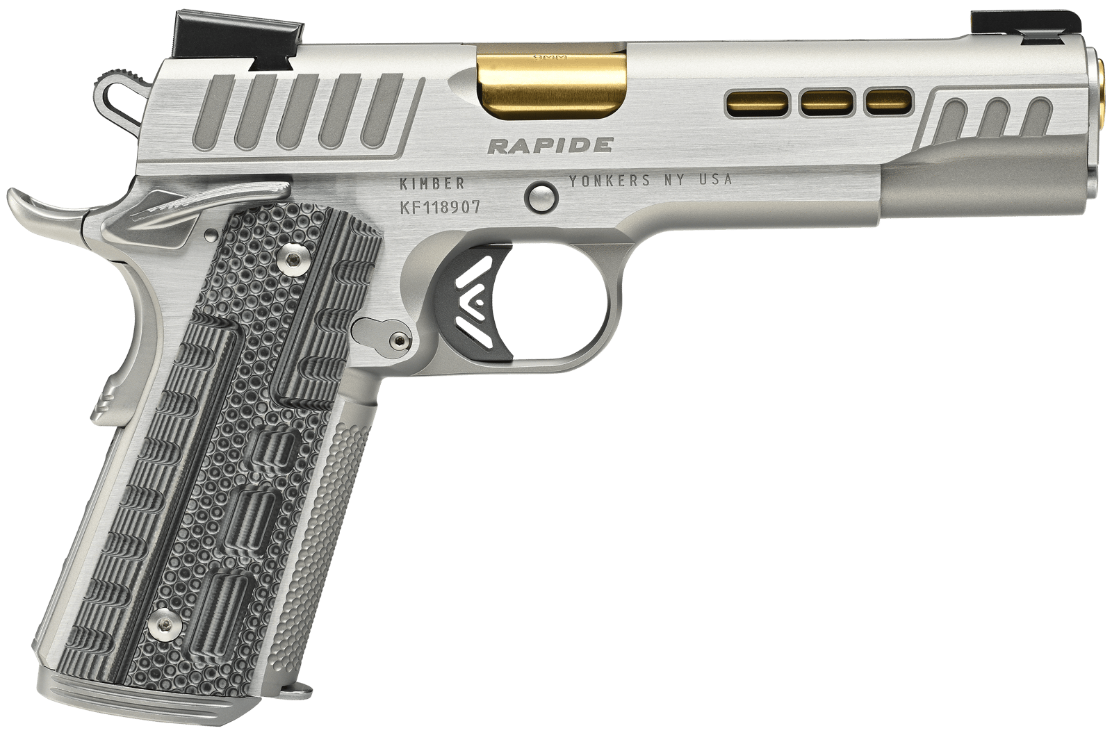 Kimber Mfg.,inc 3000420 Rapide Dawn 9mm Luger 9+1 5" Gold TiN Stainless Steel Barrel, Lightening Cut/Serrated Stainless Steel Slide, Stainless Steel Frame w/Beavertail, Black & Gray G10 Grip