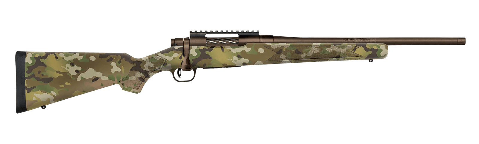 Mossberg 28275 Patriot  Compact 22-250 Rem 5+1 18" Patriot Brown Cerakote Threaded Bull Barrel, Patriot Brown Cerakote Steel Receiver w/Picatinny Rail, MultiCam Fixed Synthetic Stock