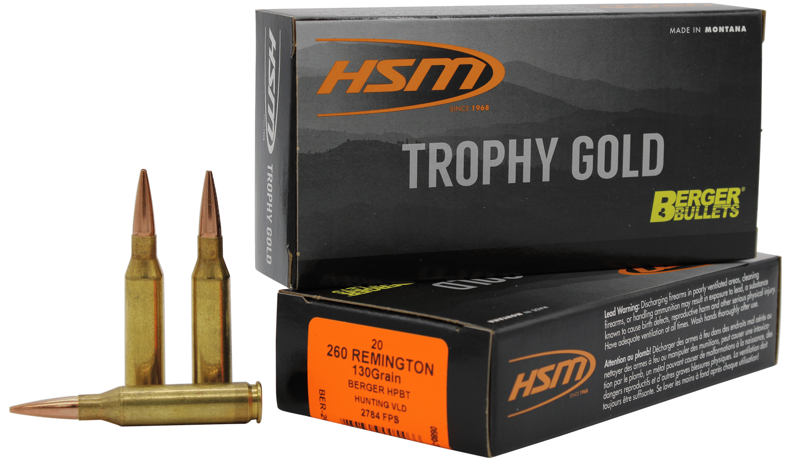 HSM 260130VLD Trophy Gold Extended Range 260 Rem 130 gr Berger Hunting VLD Match 20 Per Box/ 25 Case