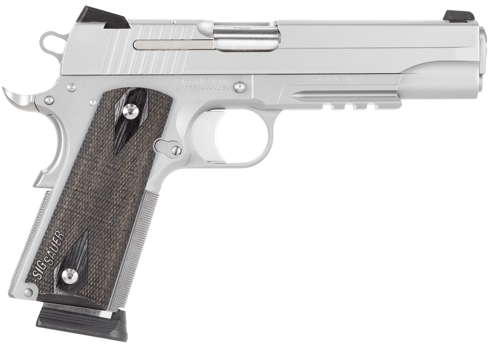 Sig Sauer 1911R45SSSCA 1911 Full Size *CA Compliant 45 ACP Caliber with 5" Barrel, 8+1 Capacity, Overall Stainless Steel Finish, Picatinny Rail/Beavertail Frame, Serrated Slide & Blackwood Grip