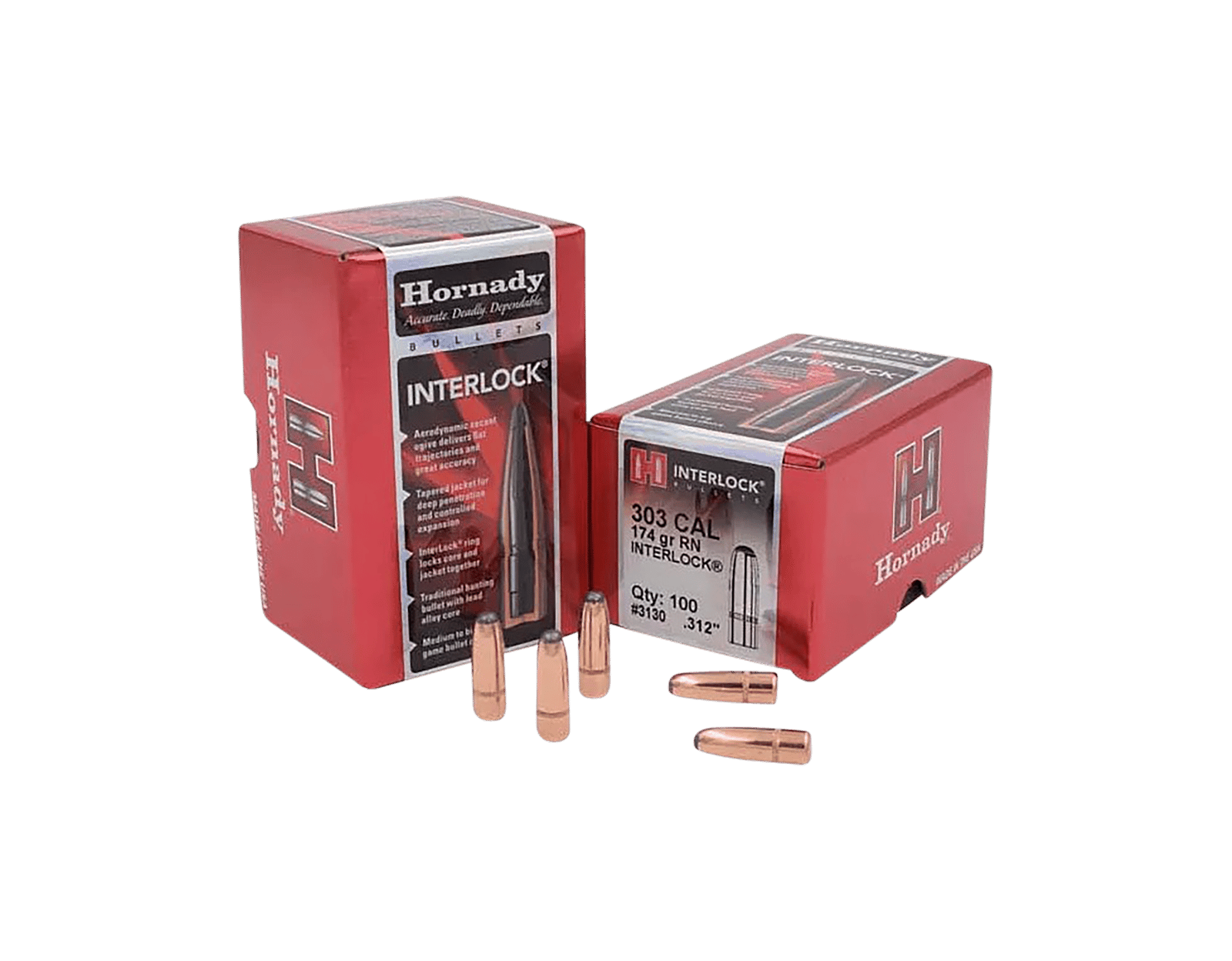 Hornady 3130 InterLock  303 Cal .312 174 gr Round Nose 100 Per Box/ 15 Case