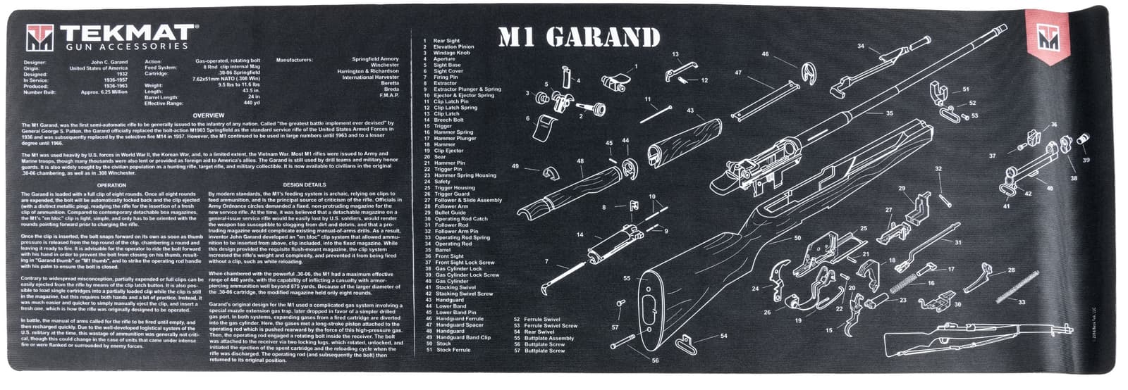 TekMat TEKR36M1GARANDBK M1 Garand Cleaning Mat Black/White Rubber 12"x36" M1 Garand Parts Diagram