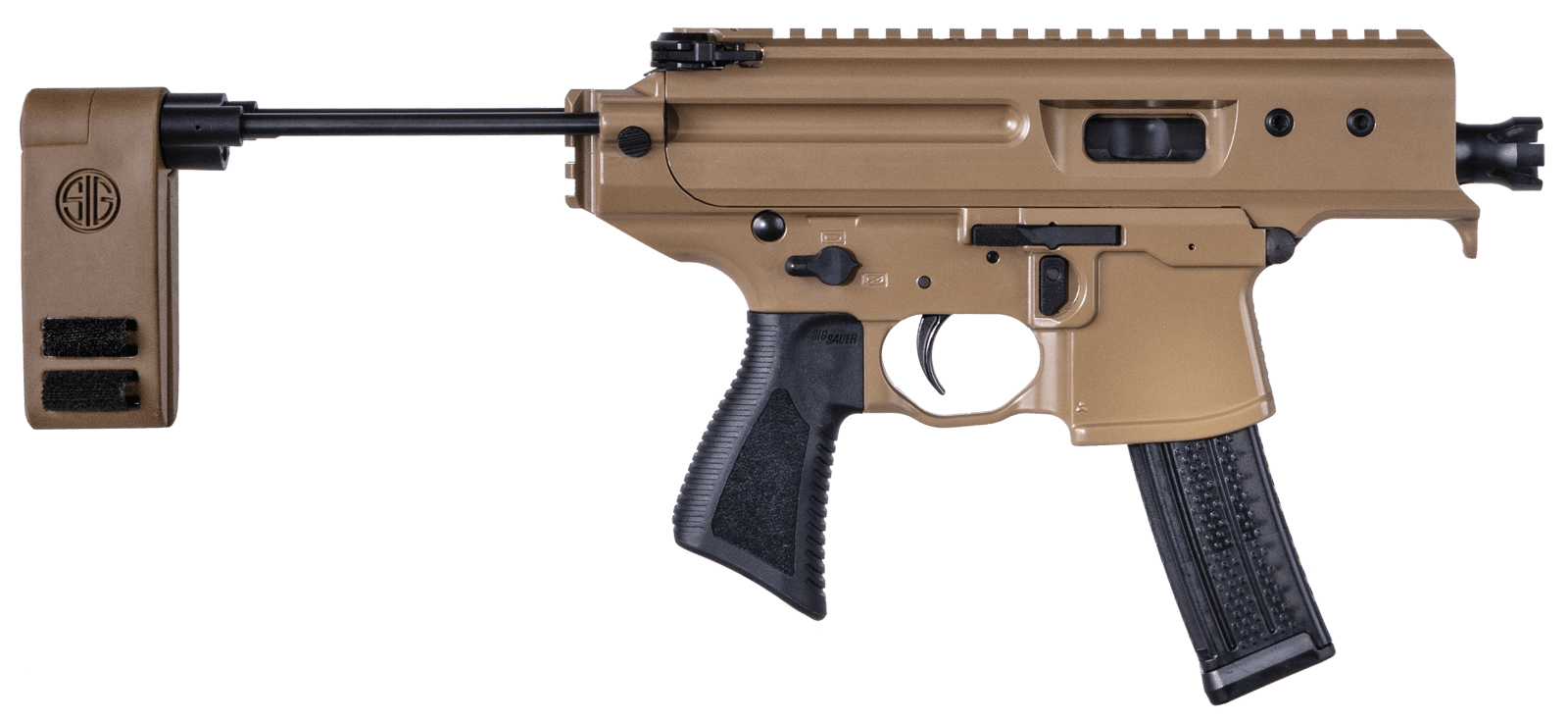 Sig Sauer PMPX3BCH MPX Copperhead 9mm Luger Caliber with 3.50" Barrel, 20+1 Capacity, Coyote Elite Cerakote Metal Finish, Folding Pivoting Contour Brace Stock & Black Polymer Grip Ambidextrous Hand
