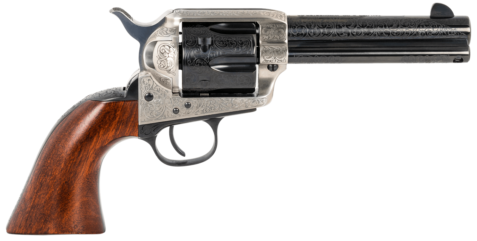 Taylors & Company 550924 1873 Cattleman 357 Mag Caliber with 4.75" Blued Floral Engraved Finish Barrel, 6rd Capacity Blued Finish Cylinder, Coin Photo Engraved Finish Steel Frame & Walnut Grip