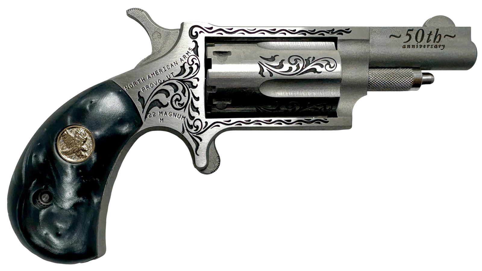 North American Arms 22M50B 50th Anniversary  22 Mag 5 Shot 1.63" Matte Stainless w/"50th Anniversary" & Scroll Engraving, Black Pearl Grip, Exposed Hammer
