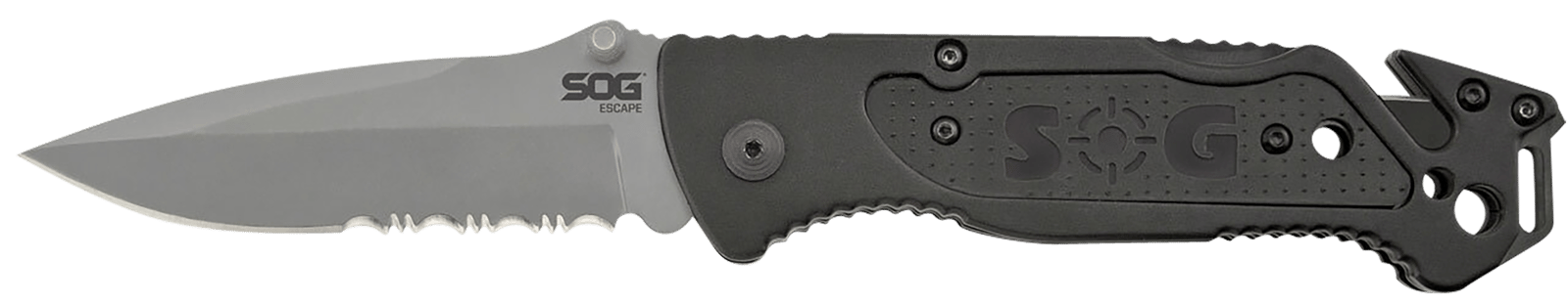 S.O.G SOG-FF24-CP Escape  3.40" Folding Clip Point Part Serrated Bead Blasted 9Cr18MoV SS Blade Black Anodized Aluminum Handle Includes Belt Clip