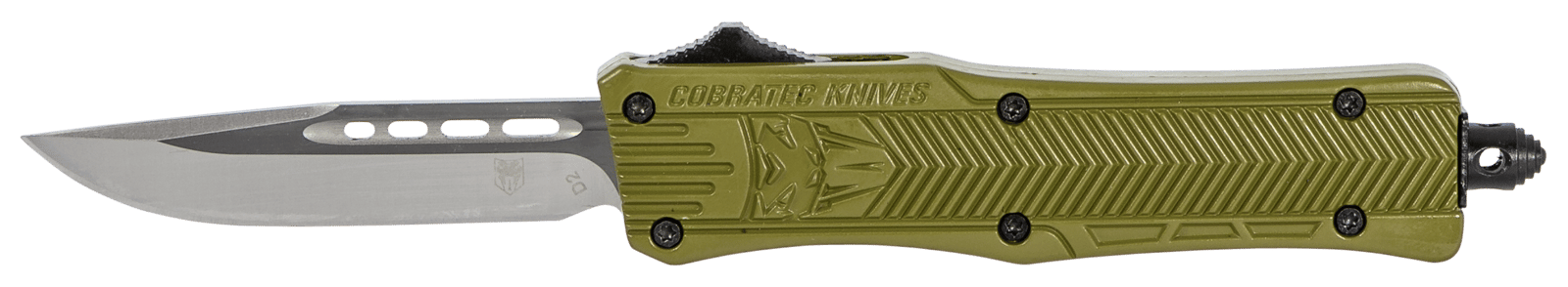 CobraTec Knives SODCTK1SDNS CTK-1  Small 2.75" OTF Drop Point Plain D2 Steel Blade/OD Green Aluminum Handle Features Glass Breaker Includes Pocket Clip