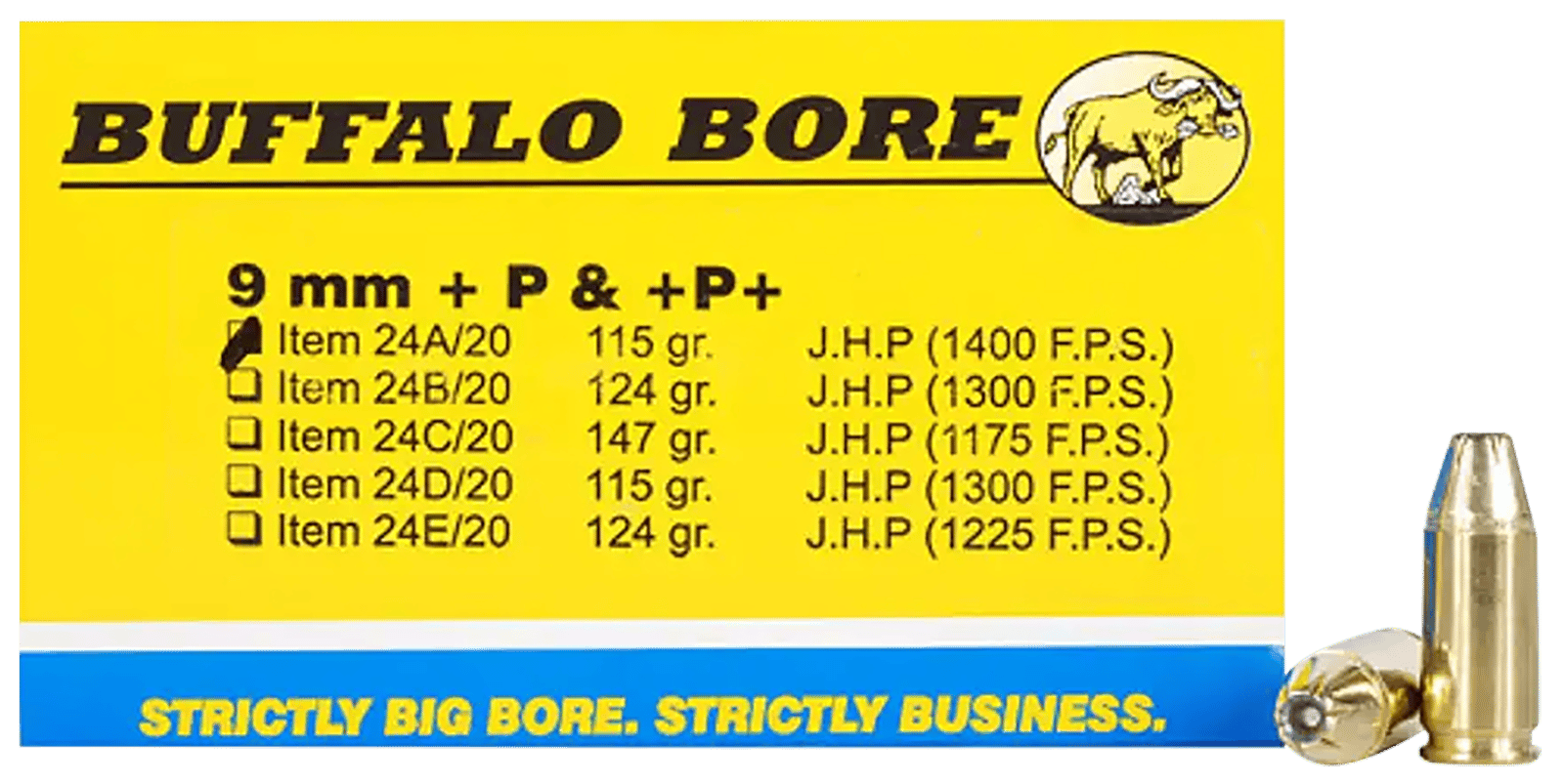 Buffalo Bore Ammunition 24A20 Personal Defense Strictly Business 9mmLuger +P+ 115gr Jacket Hollow Point 20 Per Box/12 Case