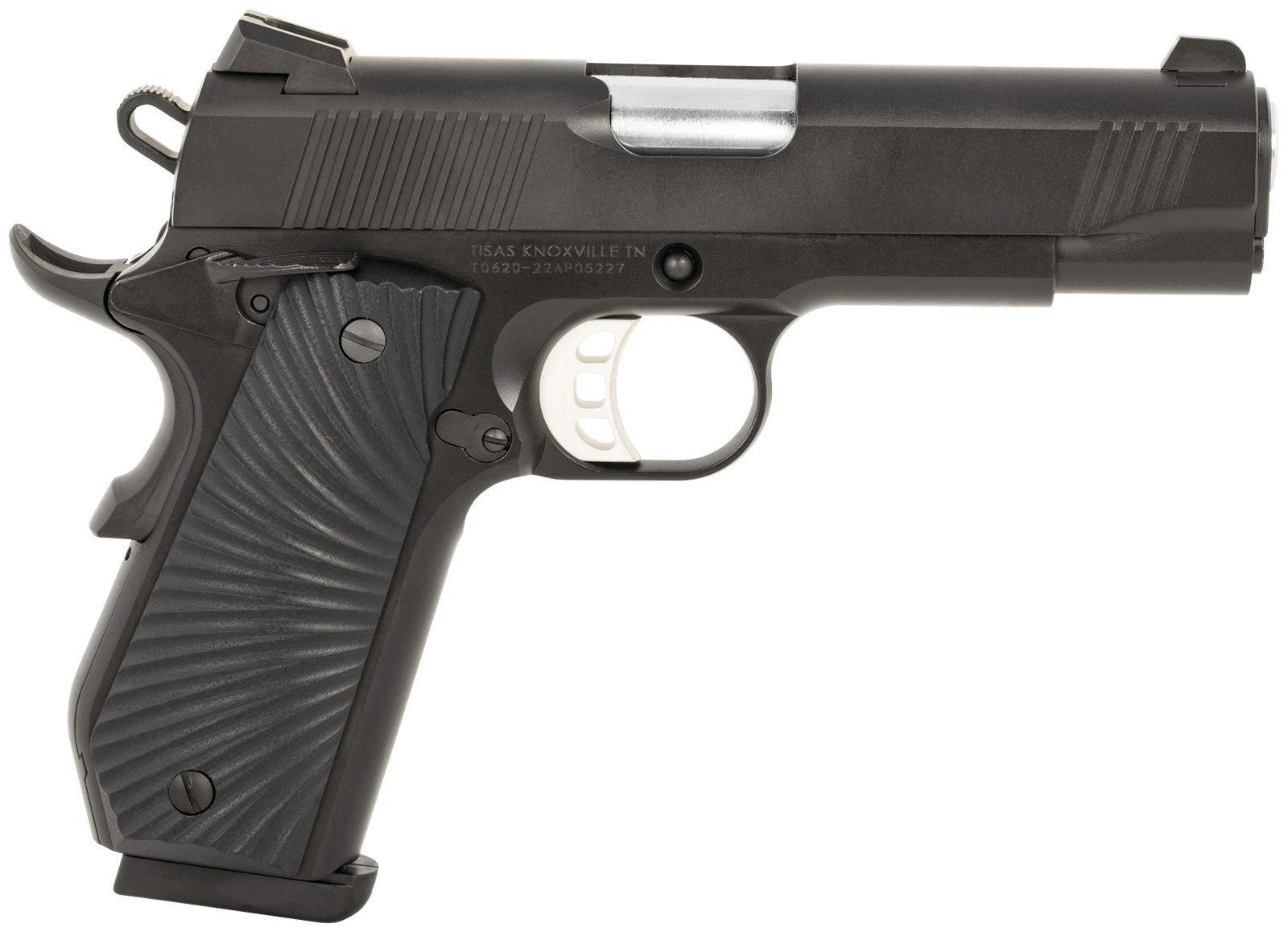 Tisas Arms 10100102 1911  Carry 45 ACP 8+1 4.25" Stainless Barrel, Black Cerakote Carbon Steel Serrated Slide, Black Cerakote Carbon Steel Frame, Black G10 Starburst Grip
