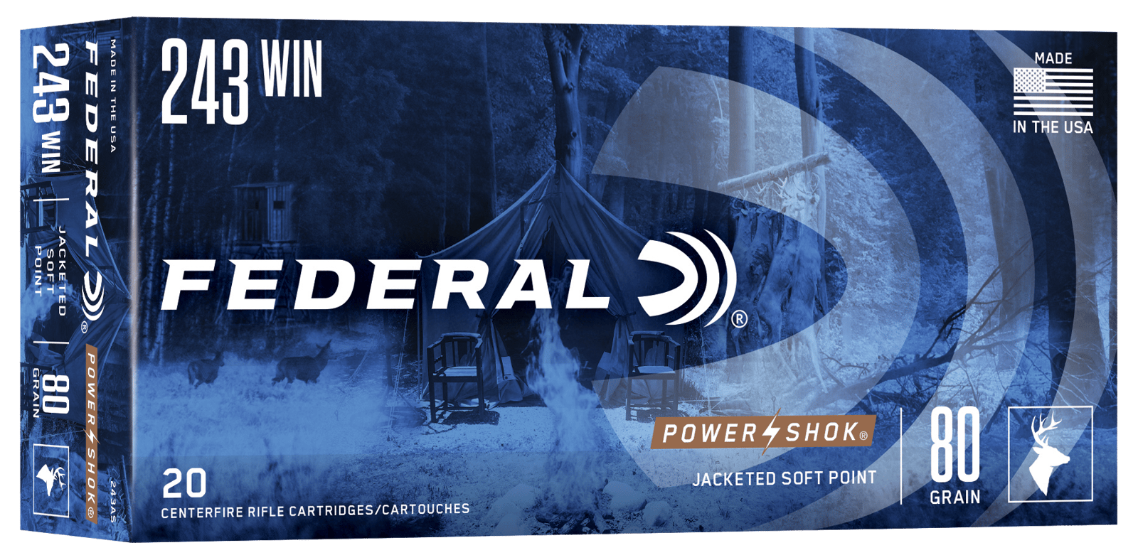 Federal 243AS Power-Shok  243Win 80gr Jacketed Soft Point 20 Per Box/10 Case