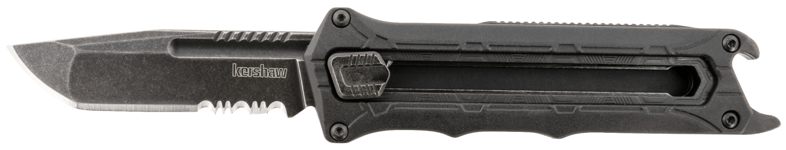 Kershaw 1195 Interstellar  2.70" OTF Tanto Part Serrated Black Oxide Blackwash 8Cr13MoV SS Blade, Black Textured w/Bottle Opener Glass-Filled Nylon Handle, Includes Pocket Clip