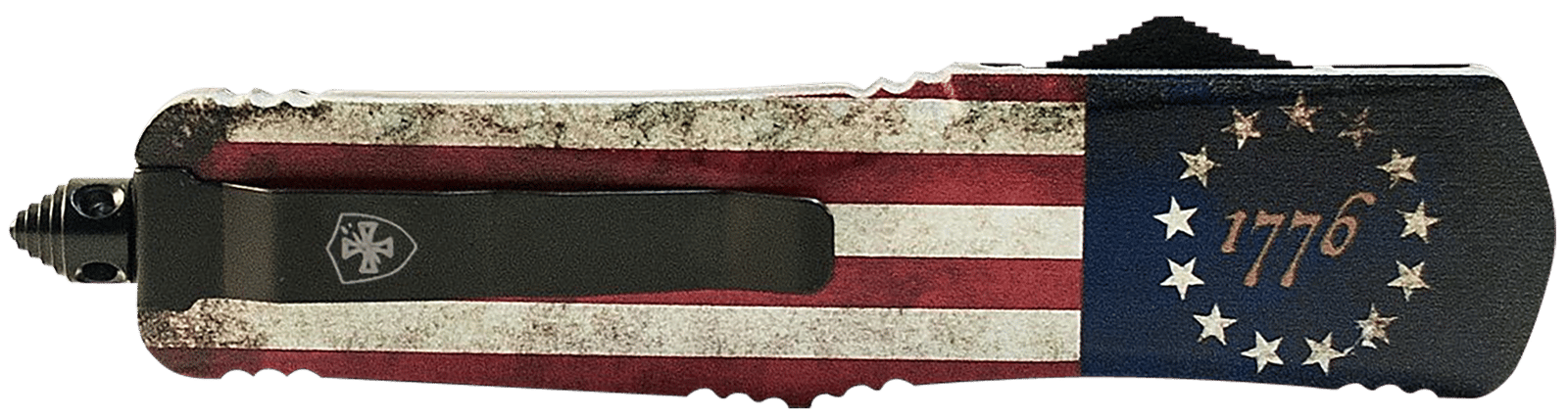 Templar Knife LBRF231 Gen II Betsy Ross Flag Large 3.50" OTF Tanto Plain Black Oxide Stonewashed 440C SS Blade, 5.25" Betsy Ross Flag Aluminum Handle Glass Breaker