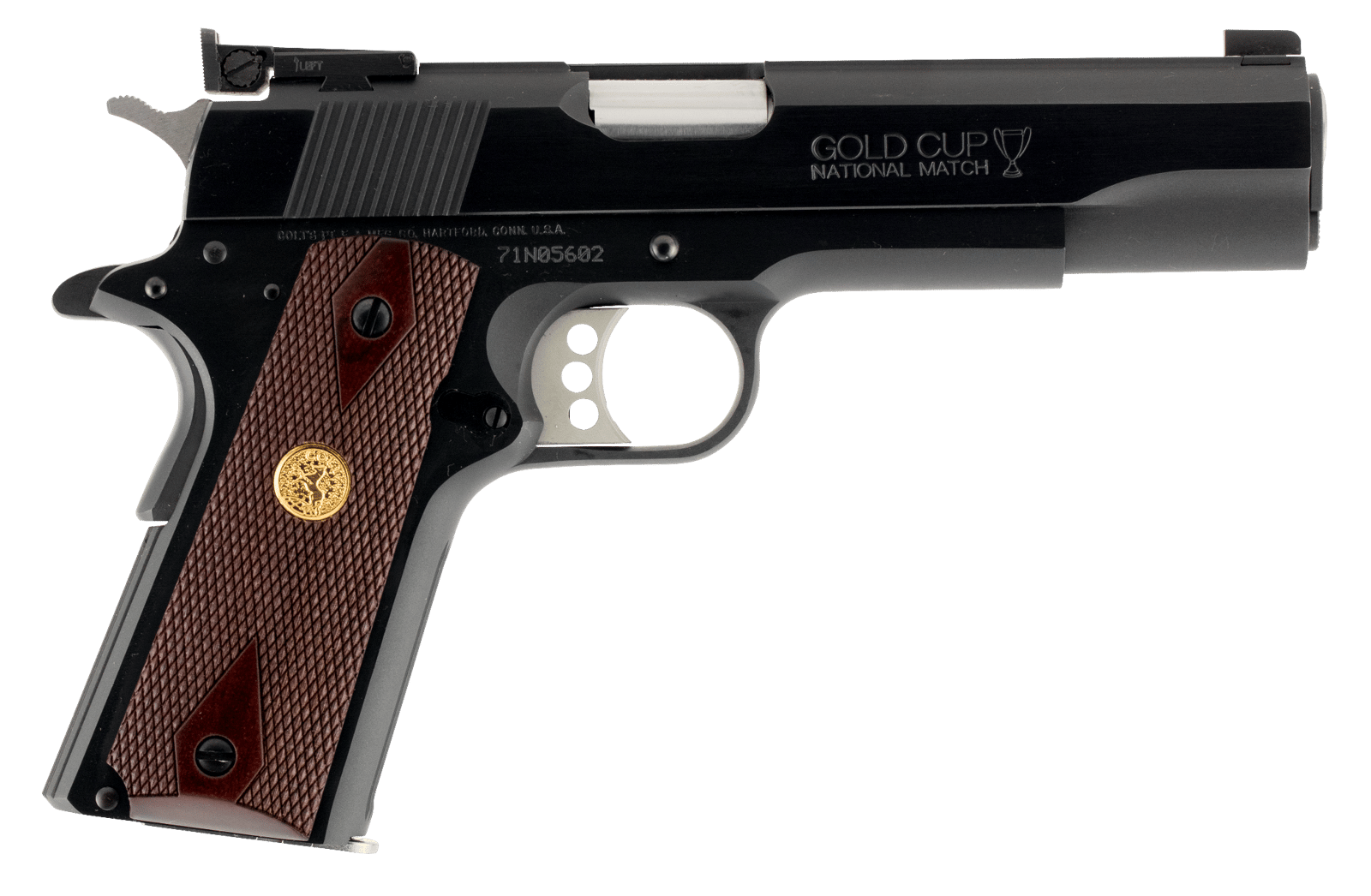 Colt Mfg O5872A1 Gold Cup National Match 9mm Luger 9+1, 5" Stainless National Match Barrel, Blued Serrated Carbon Steel Slide & Frame w/Beavertail, Walnut Grip, Ambidextrous